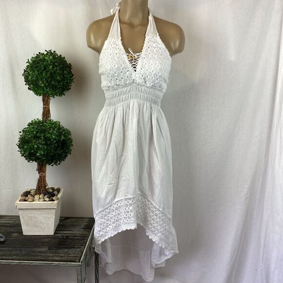 Sea Spice White Crochet Lace Asymmetric Sleeveless Halter Summer Midi Dress L - Picture 1 of 5